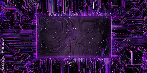 Digital tech background with purple glowing circuitboard and frame
