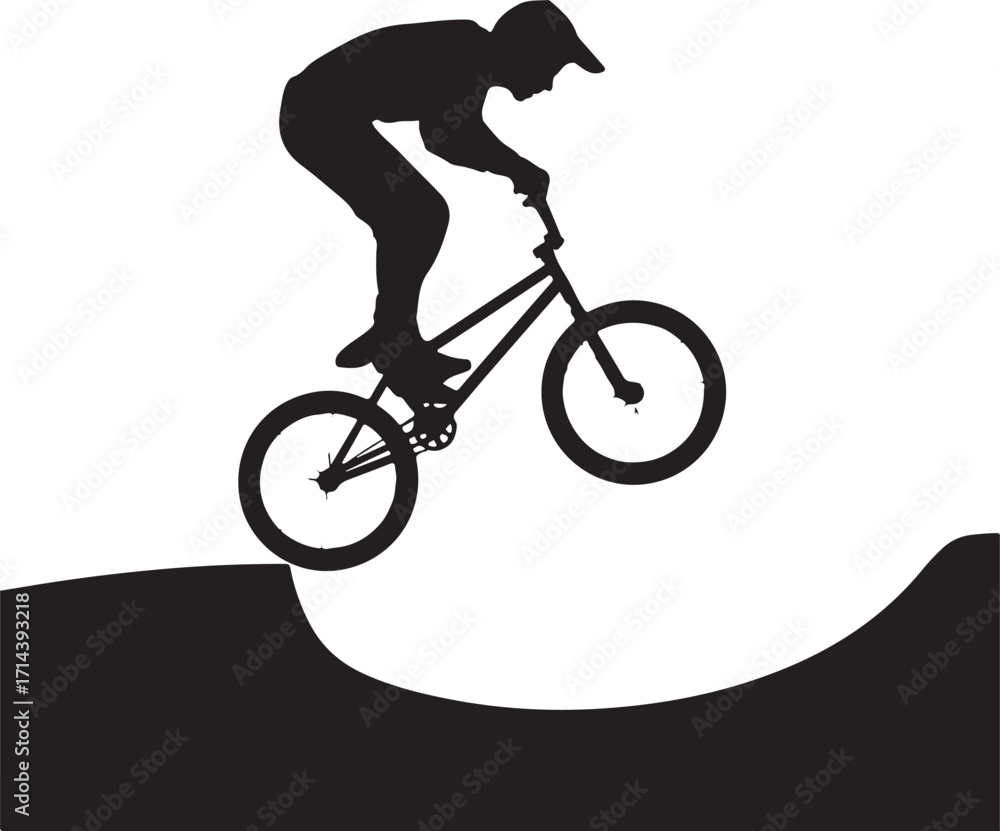 Fototapeta premium Black silhouette of BMX rider jumping, white background, minimal style