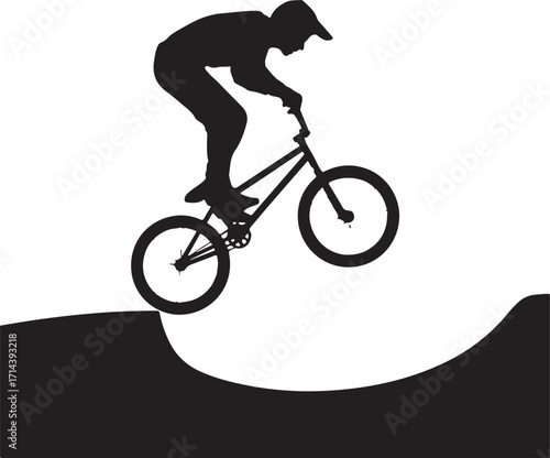 Black silhouette of BMX rider jumping, white background, minimal style