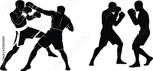Silhouette and vector illustration of boxing fighters in action, combat sport, martial arts training, competitive match, strength exercise isolated on white background