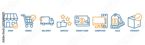 Online shopping icon set vector concept with icon of Shop, order, delivery, service, credit card, computer, sale and product 
