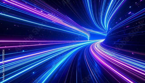 A vibrant, neon-lit tunnel with streaking light trails of blue and pink. The perspective leads the eye into the depths, suggesting speed and passage through space