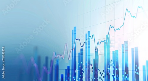 Abstract financial chart showing upward trend with superimposed bar and line graphs in blue hues on a light background