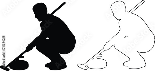 Silhouette and outline of curling player with broom, athlete pushing stone on ice rink, winter Olympic sport vector illustration for graphic design