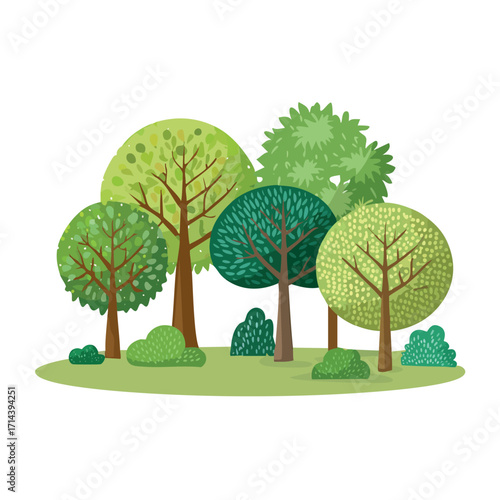 Illustration of a small grove of stylized trees with varying shades of green foliage and brown trunks, set on a patch of green grass.