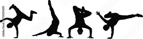 Silhouette breakdancers performing acrobatic street dance moves, freestyle hip hop style, urban performance, dynamic poses, artistic expression, breakdance culture and energetic dance illustration
