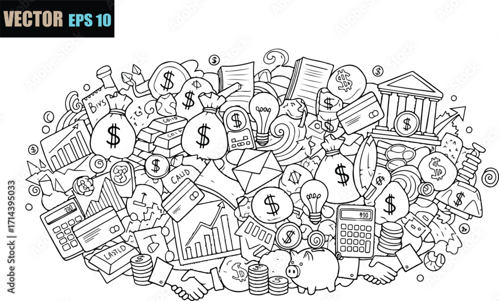 Obraz premium Whimsical hand drawn doodle illustrating a chaotic yet charming collection of financial symbols and objects representing wealth and commerce in a playful artistic style
