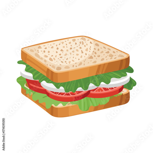 A square sandwich with lettuce, tomato, and white cheese slices between two slices of bread, isolated on white.