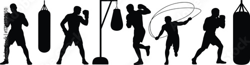 Silhouette collection of boxers training with punching bag, boxing gloves, skipping rope, fighter poses, sports exercise, martial arts workout vector illustration design