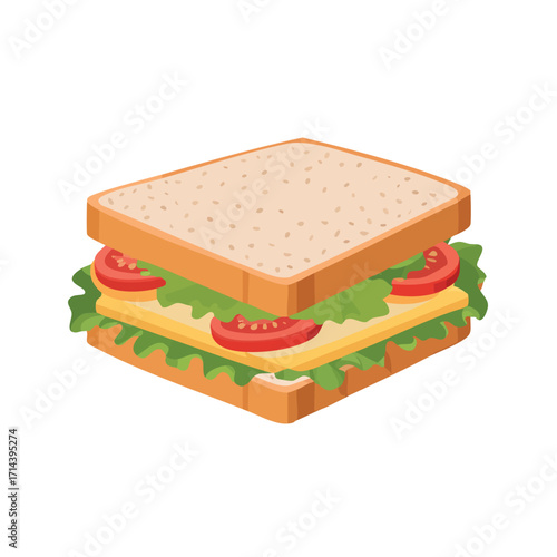A colorful, isometric illustration of a delicious sandwich with fresh ingredients ready to eat.