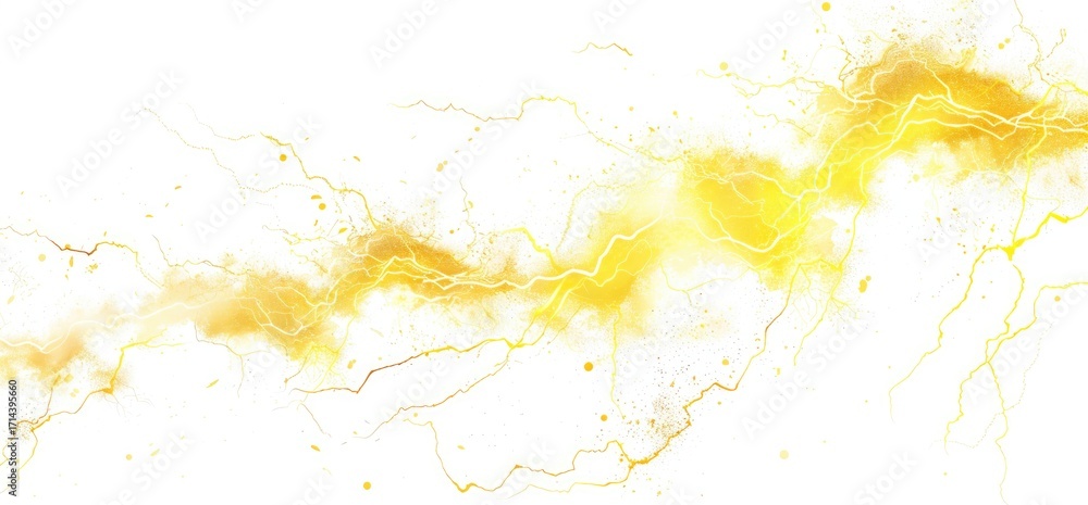 Fototapeta premium Abstract image of a dynamic, yellow energy stream with branching tendrils and bright highlights against a stark white backdrop