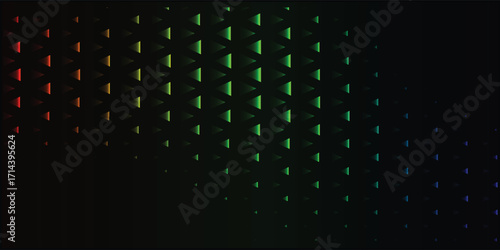 Abstract composition featuring a gradient of colorful, geometric shapes against a dark background.