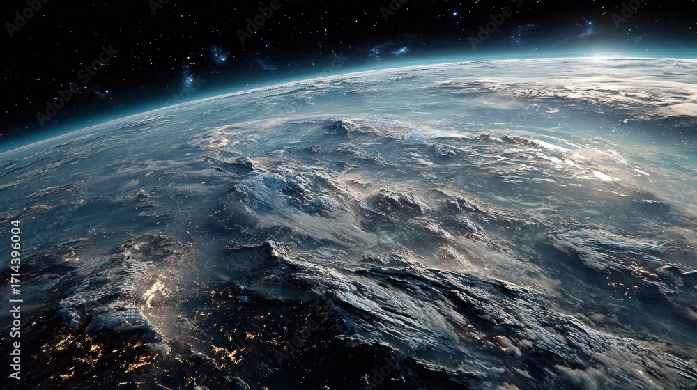 Fototapeta premium Detailed View of Earth from Space with City Lights at Night and Starry Sky