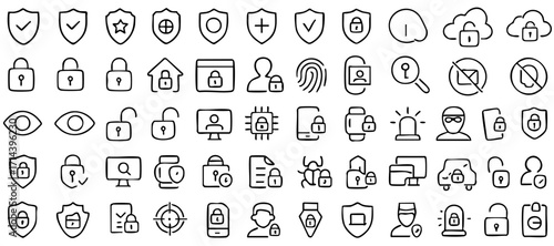 Minimalist 50 Security Line Icons Set – Editable Stroke Thin Linear Symbols for Cybersecurity, Data Protection, Surveillance, and Access Control in Modern UI and Infographic Design