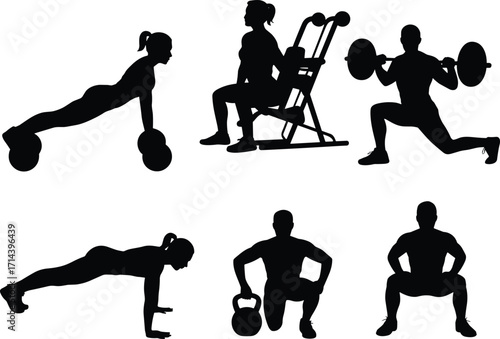Silhouette collection of men and women fitness training, gym workout poses, weightlifting, push ups, squats, exercise equipment, strength training vector illustration design