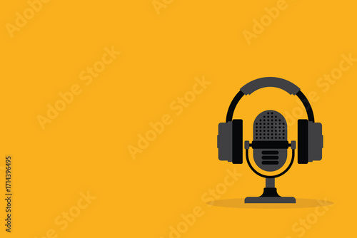 Podcast. Podcasting headphones and microphone	