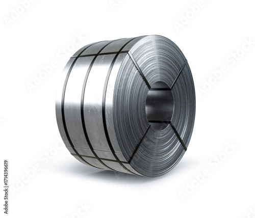 Industrial steel coil roll isolated on white background. Shiny metallic rolled sheet steel for manufacturing, construction, and engineering industry use. 3d rendering