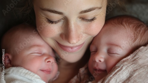 A joyful moment with newborn twins being cuddled together by their mother.