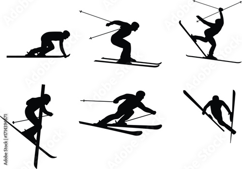 Silhouette collection of skiers performing dynamic winter sports moves, skiing techniques, downhill racing, freestyle jumps, extreme snow activity icons for outdoor adventure design
