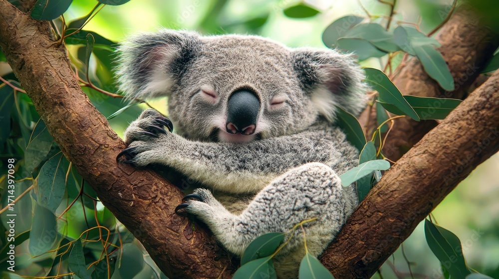 Fototapeta premium A koala peacefully sleeping in the branches of a eucalyptus tree.