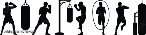 Silhouette illustration of boxers training with punching bag, skipping rope, boxing stance, workout exercise, combat sports fitness, martial arts training vector design