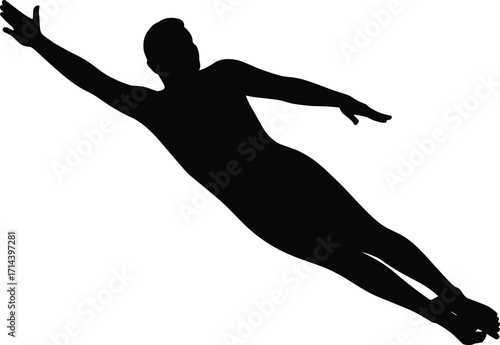 Silhouette illustration of a man diving with stretched arms, athlete performing jump motion, sport action pose vector, fitness exercise concept design