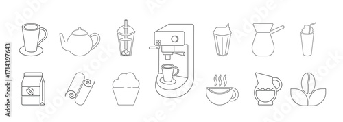 Coffee icons. Geometric coffee and tea pattern in minimalist style. Abstract print background with simple shapes for coffee shop, food packaging, cafe wall, menu.