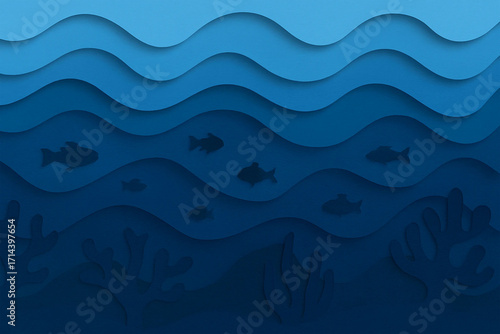 Paper cut ocean layers – layered cut-out effect with deep blue sea waves, coral shapes and fish silhouettes, playful 3D wallpaper style