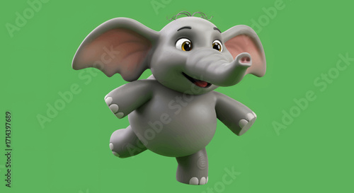 3D rendering of a cute cartoon baby elephant walking against a green screen background, conveying a playful mood with a close-up view.