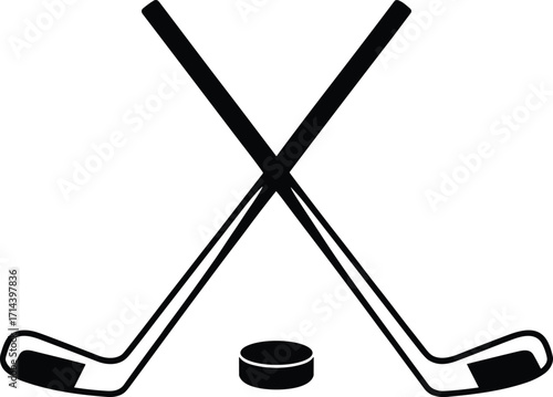 Silhouette illustration of crossed hockey sticks with puck isolated on white background, perfect for sports, competition, ice hockey, team games, athletic design, vector concepts