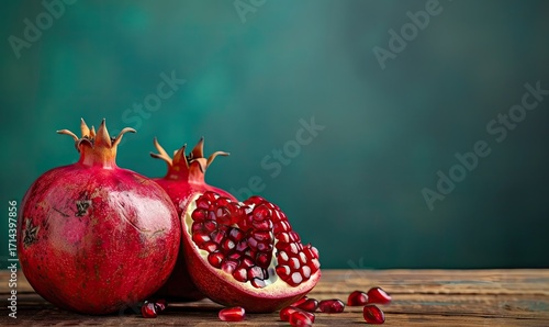 Two whole pomegranates and a cut one displaying vibrant red arils rest on a rustic wooden surface against a teal backdrop