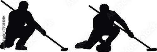 Silhouette illustration of curling players sweeping ice with broom, winter sport activity, team competition, Olympic game concept, athlete training, recreation, championship event