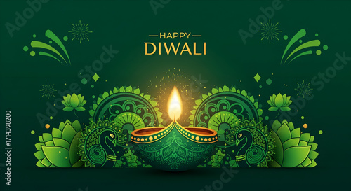 Green Diwali Celebration with Peacock Mandala and Diya