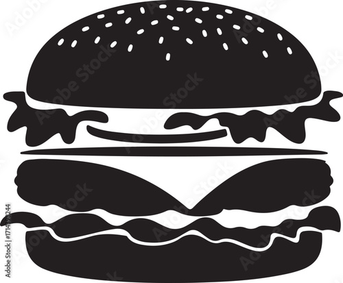 black silhouette of burger on white background, vector