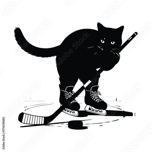 Black cat hockey player in silhouette with stick and puck silhouette