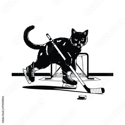 Black cat hockey player silhouette skating with stick and puck silhouette
