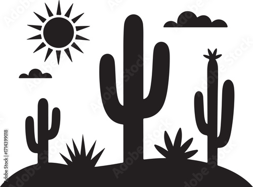 black silhouette of cactus desert on white background, vector