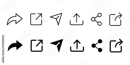 Modern vector icon set for web and mobile applications. Send, share, upload, export, and external link, in outline and solid styles. Vector Illustration
