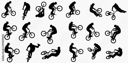 Collection of black silhouettes depicting BMX riders performing various freestyle tricks and dynamic stunts on their bicycles.