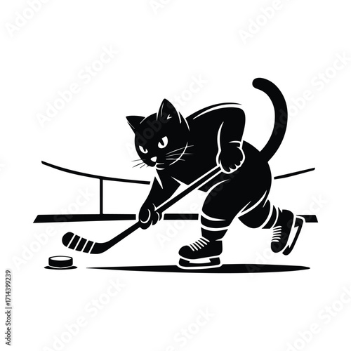 Black cat playing hockey in a dynamic silhouette pose silhouette