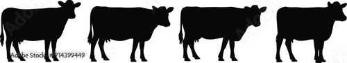 Silhouette illustration of four standing cows in a row, isolated on white background, perfect for agriculture, farming, livestock, dairy, and countryside design concepts
