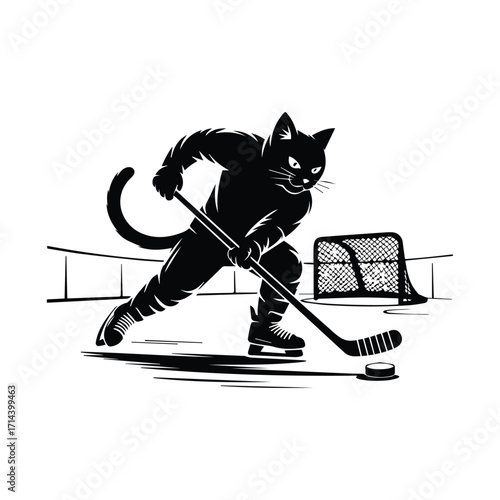 Black cat playing ice hockey in a dynamic silhouette pose silhouette