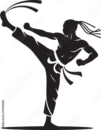 Black silhouette of capoeira dancer kicking, white background, minimal style