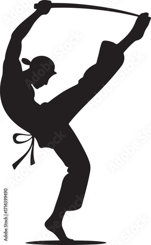 Black silhouette of capoeira dancer kicking, white background, minimal style