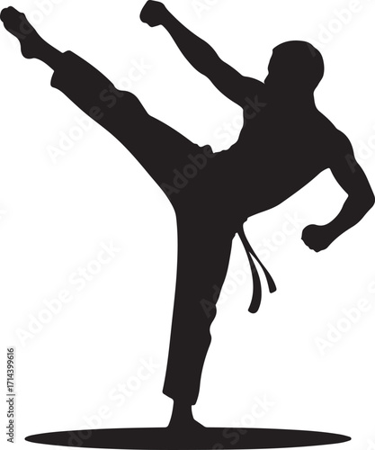 Black silhouette of capoeira dancer kicking, white background, minimal style
