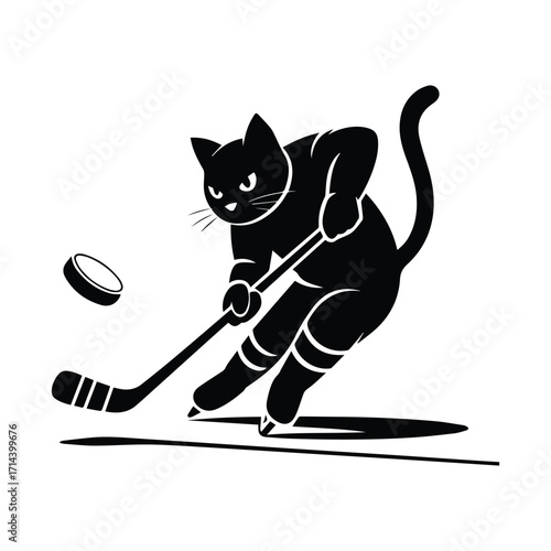 Playful black cat in hockey gear skating and hitting a puck silhouette