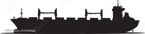 black silhouette of cargo ship on white background, vector