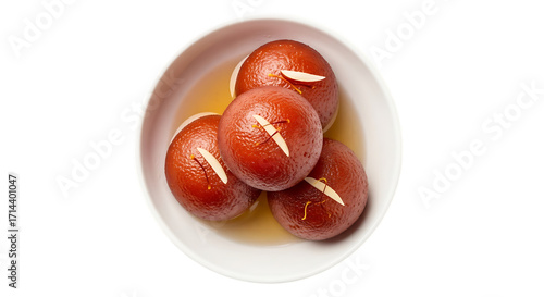 Four gulab jamun in a white bowl isolated on transparent background