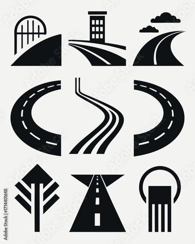 Nine distinct road and traffic icons for navigation and design