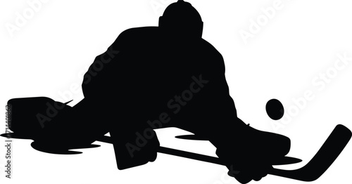 Silhouette illustration of ice hockey goalie in action, saving puck, professional goalkeeper sports design, winter game, athlete equipment, competition defense vector artwork